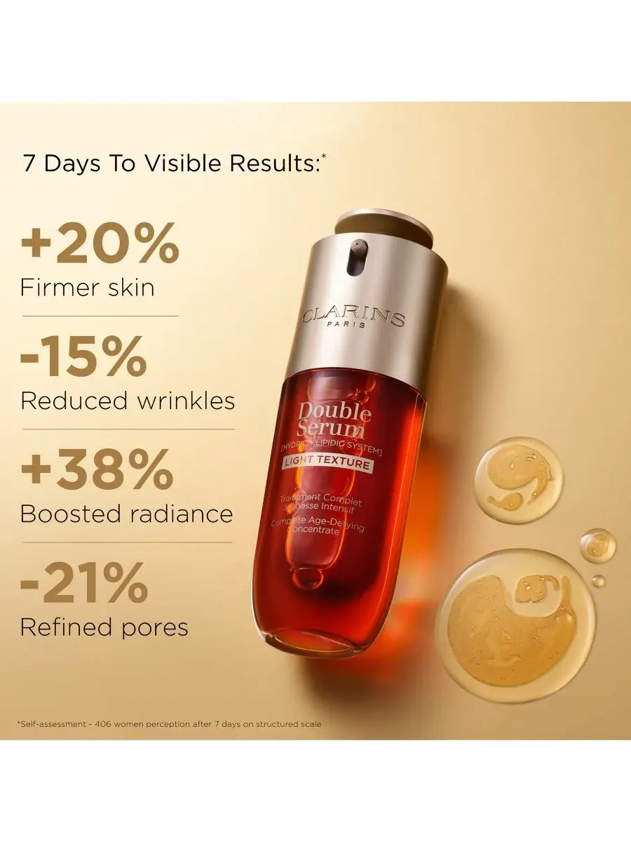 Сыворотка Clarins — DOUBLE SERUM с легкой текстурой для укрепления кожи, придания сияния и сужения — изображение 2 из 10