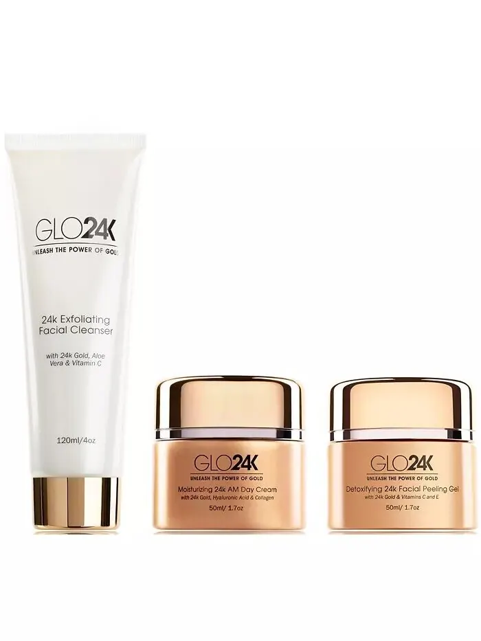 Набор Glo24K — Полный набор: увлажняющий дневной крем с 24-каратным золотом, гель-пилинг — изображение 1 из 2