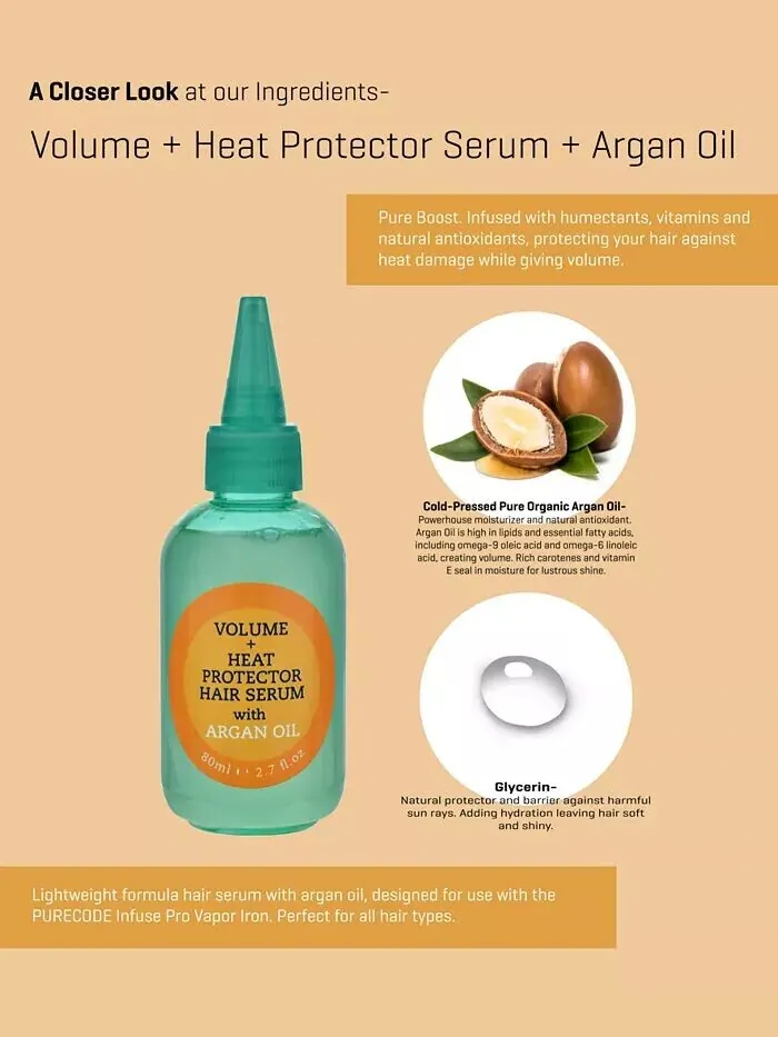 Сыворотка для волос Volume + Heat Protector с аргановым маслом, 2,7 унции Purecode — изображение 3 из 3