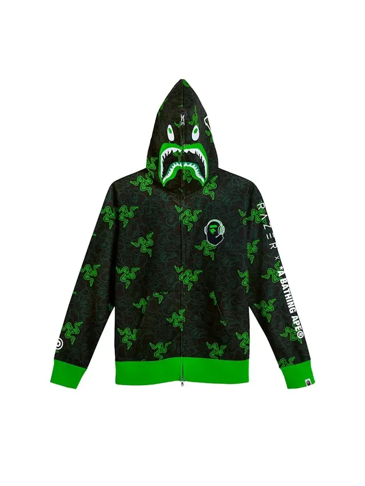 Худи BAPE x Razer Neon Camo Shark на молнии — зеленый