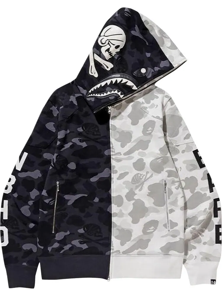 Худи BAPE x Neighborhood Split Camo Shark Full Zip Hoodie 'Black' — изображение 1 из 1, черный