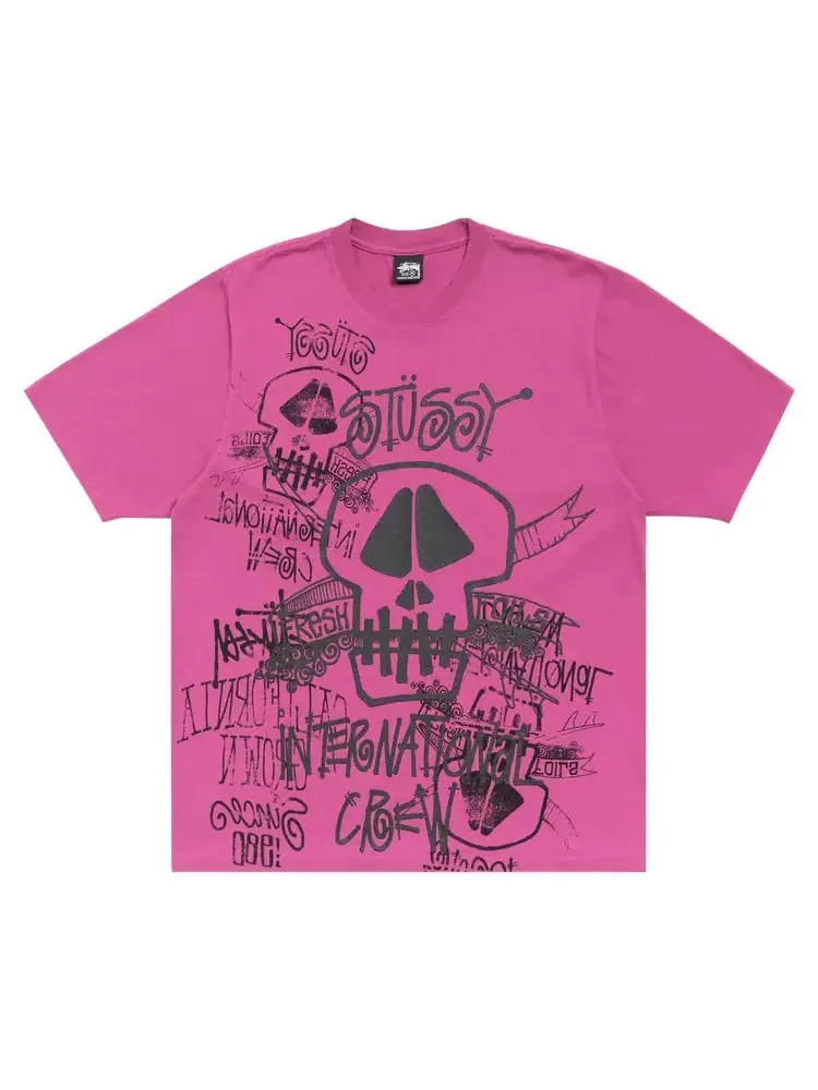 Футболка Stussy Skulls, окрашенная пигментом, цвет «Ягодный»