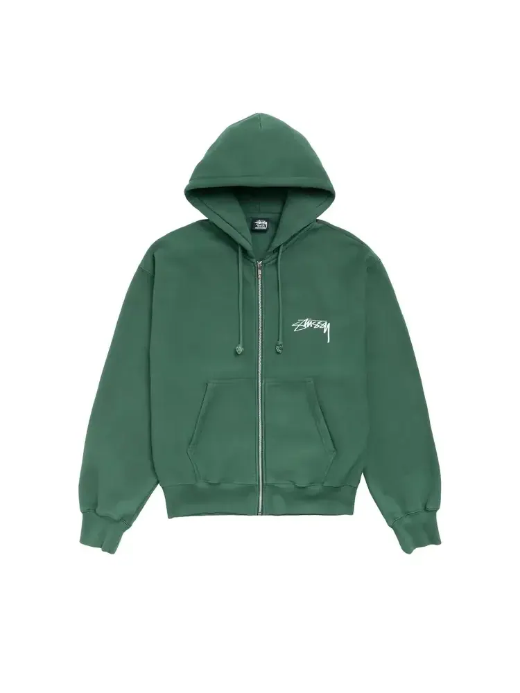 Худи Stussy Stack на молнии, окрашенное пигментом, цвет «Сосновый»