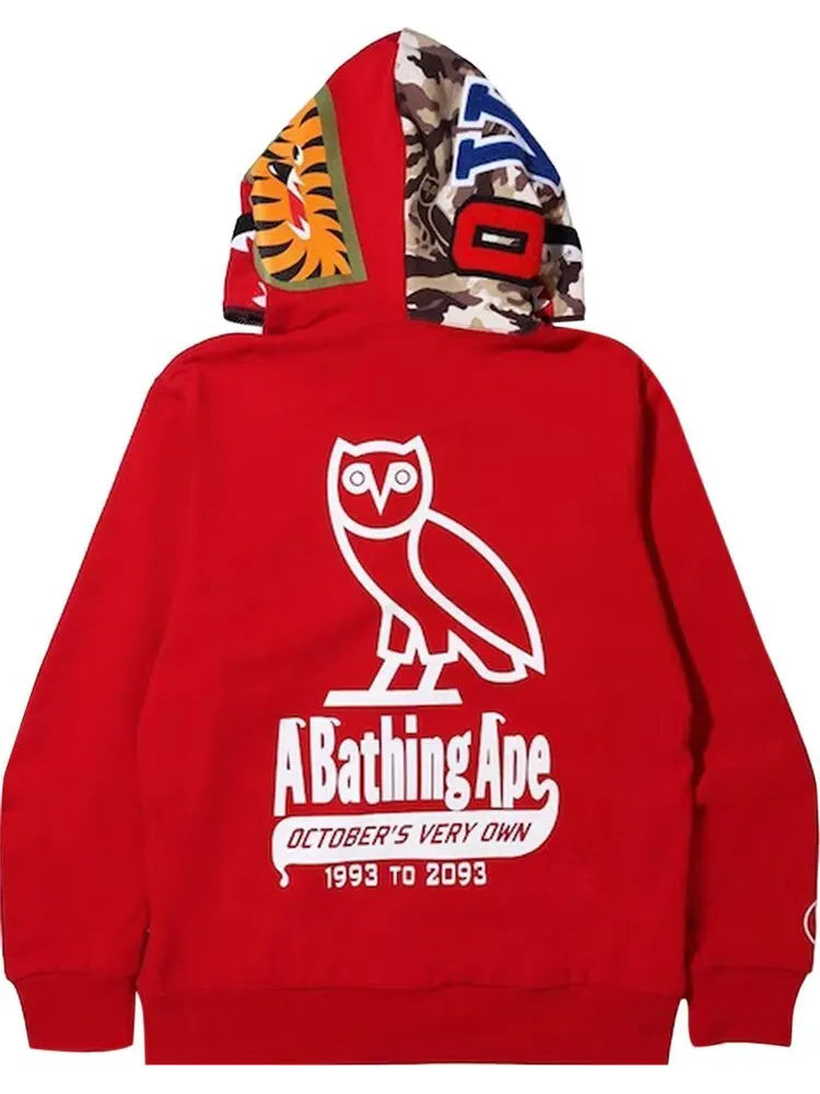 Худи BAPE x OVO Woodland Camo Shark Reversible Full Zip Hoodie 'Red' — изображение 3 из 3, красный