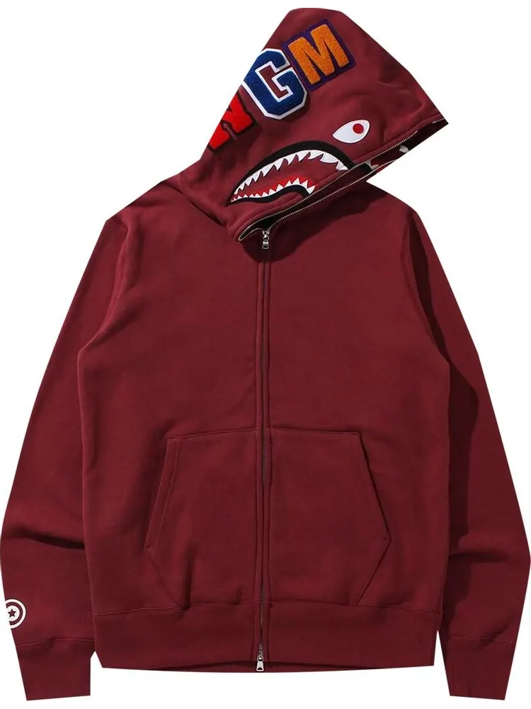 Худи BAPE Double Side Shark Full Zip Hoodie 'Burgundy' — изображение 1 из 2, красный