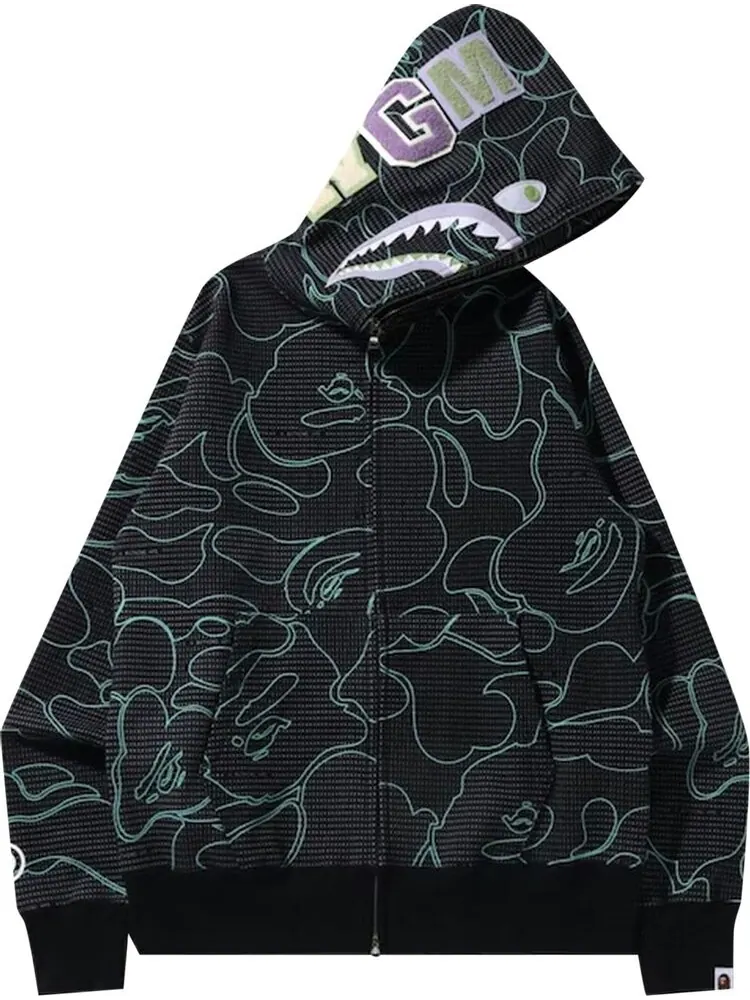 Худи BAPE Text Code Camo Shark Full Zip Hoodie 'Black' — изображение 1 из 3, черный