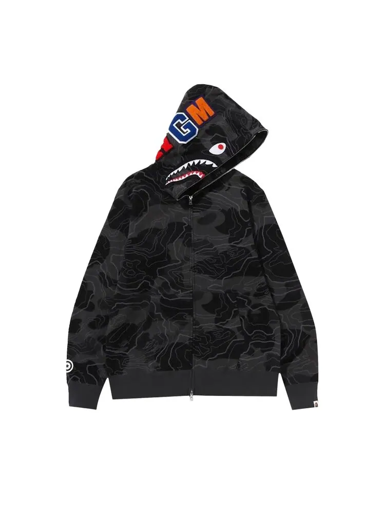 Худи BAPE Layered Line Camo Shark Full Zip 'Black' — изображение 1 из 2, черный