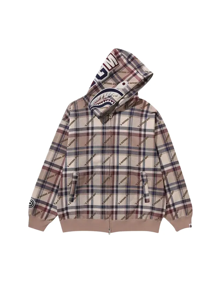 Худи BAPE Logo Check Pattern Shark Full Zip 'Beige' — изображение 1 из 3, загар