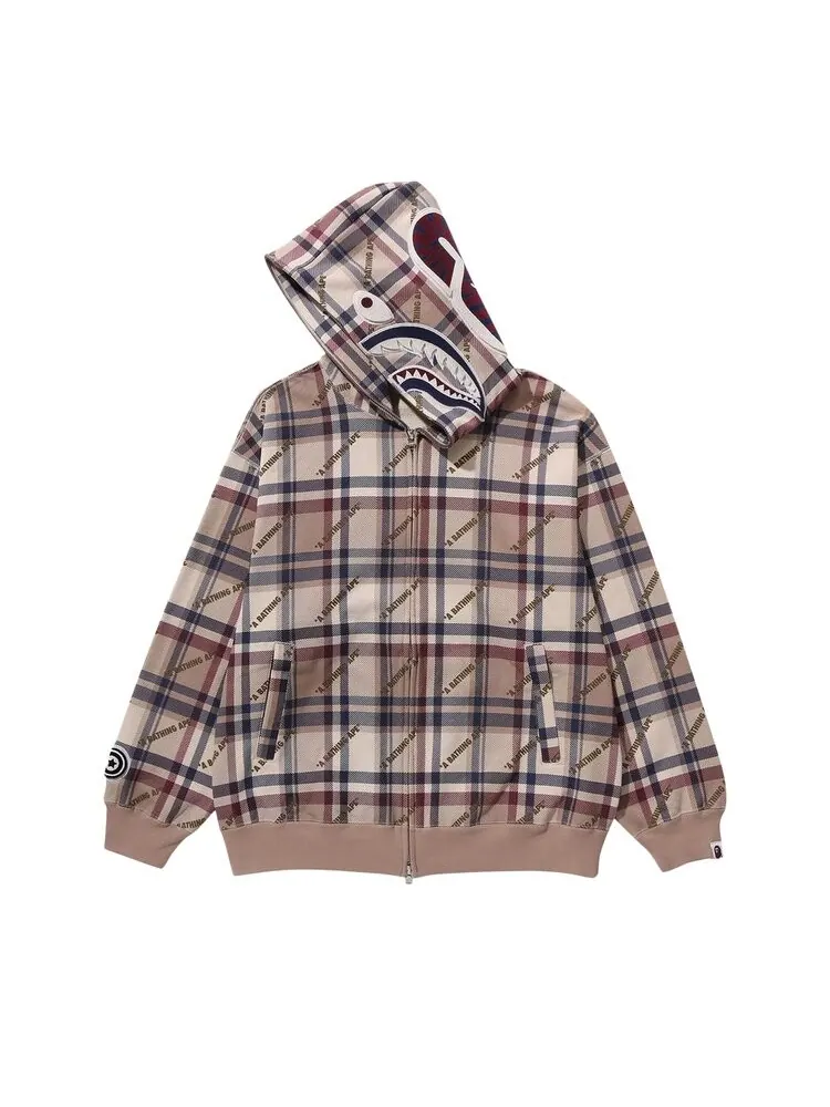 Худи BAPE Logo Check Pattern Shark Full Zip 'Beige' — изображение 2 из 3, загар