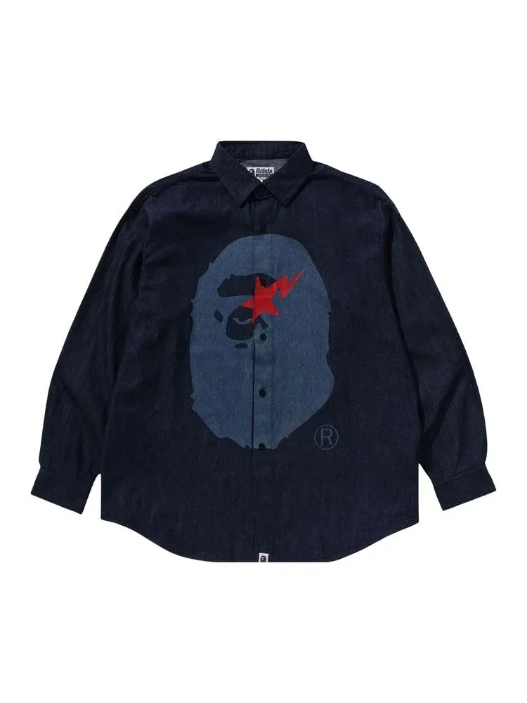 Рубашка BAPE Sta Ape Head Relaxed Fit Denim Long-Sleeve Shirt — изображение 1 из 3, синий/индиго