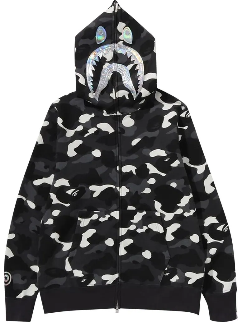 Худи BAPE City Camo Shark Full Zip 'Black' — изображение 1 из 3, черный