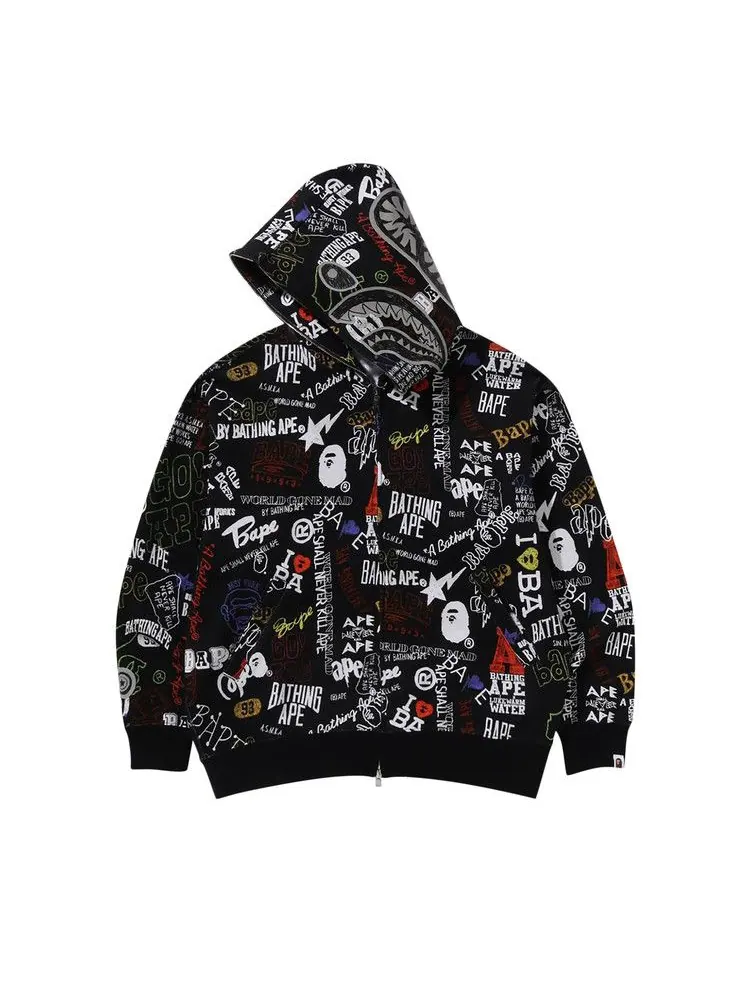 Худи BAPE Hand Draw Pattern Shark Zip Hoodie — изображение 2 из 3, черный