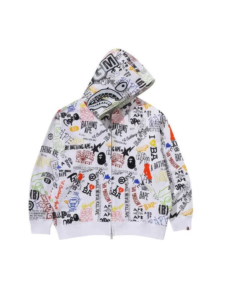 Худи BAPE Hand Draw Pattern Shark Zip Hoodie — изображение 1 из 1, белый