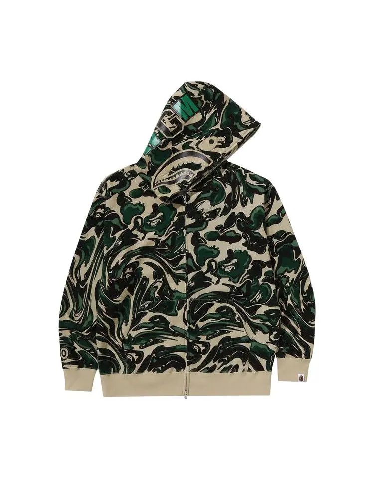 Худи BAPE Marbling Camo Shark Relaxed Fit Full Zip Hoodie — изображение 1 из 3, зеленый