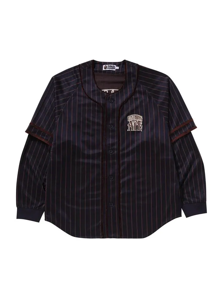 Рубашка BAPE Stripe Layered Sleeves Long-Sleeve Baseball Shirt — изображение 1 из 2, темно-синий