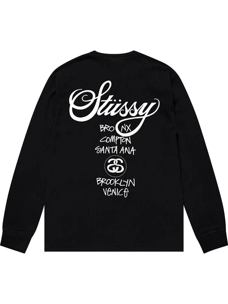 Лонгслив Stussy World Tour Long-Sleeve Tee 'Black' — изображение 2 из 2, черный