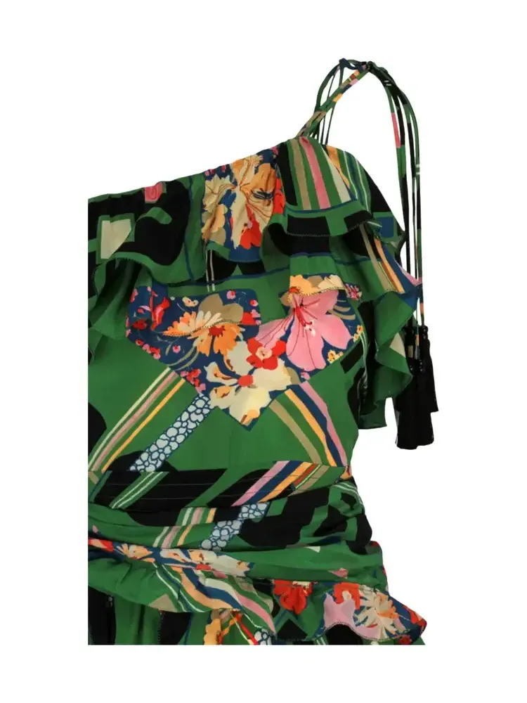 Платье Gucci Шелковый креп с цветочным клетчатым принтом и оборками — изображение 3 из 3, зеленый