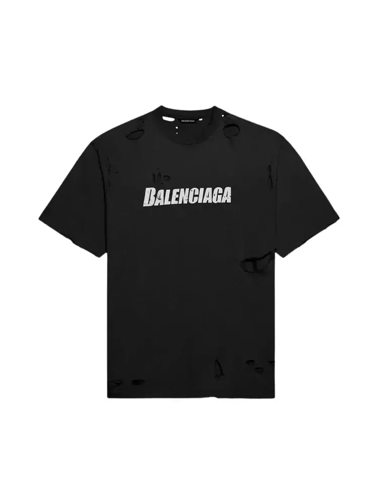 Футболка в рваном дизайне Balenciaga Caps Destroyed Flatground — изображение 1 из 1, черный
