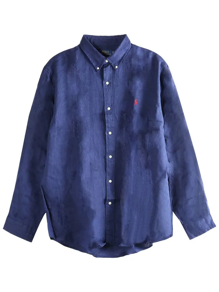 Спортивная рубашка Polo Ralph Lauren с длинными рукавами из окрашенного льна — изображение 1 из 1, синий