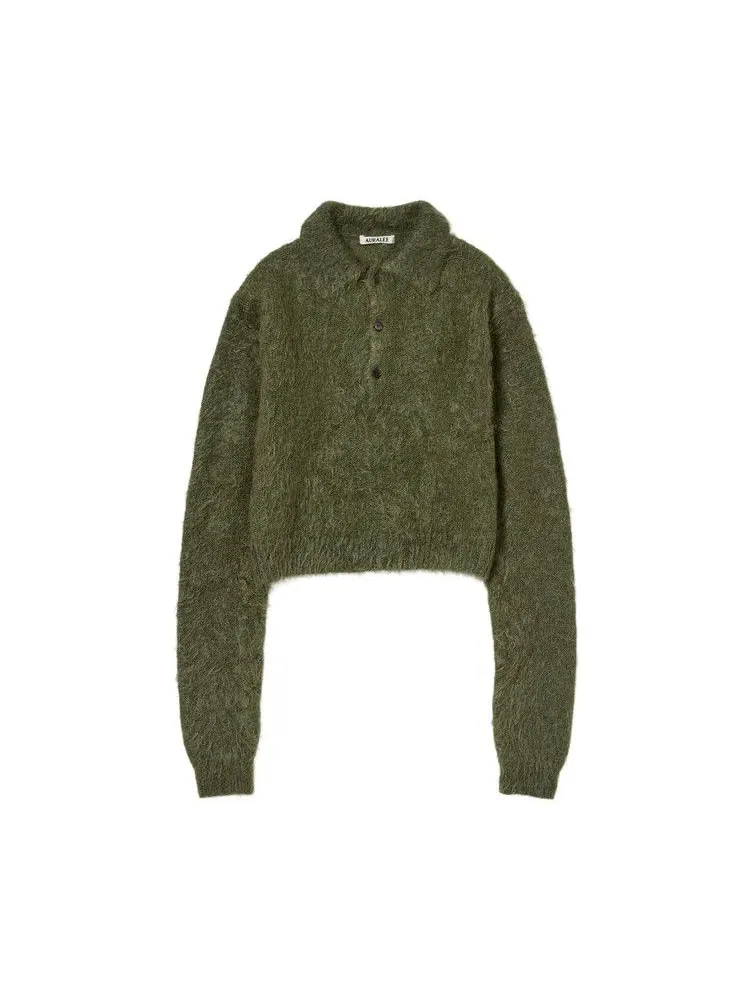 Поло Auralee Brushed Super Kid Mohair Knit Polo Shirt 'Olive' — зеленый