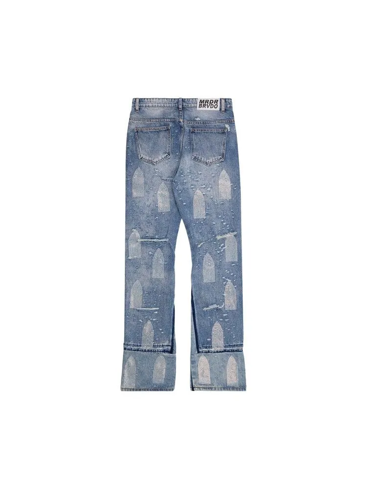 Брюки Who Decides War Rhinestone Washed Denim — изображение 2 из 2, небесный