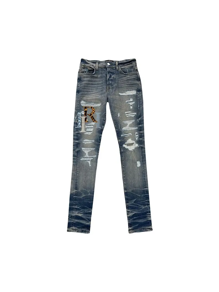 Джинсы Amiri Leather Staggered Logo Jeans 'Vintage Indigo' — изображение 1 из 2, винтажный индиго