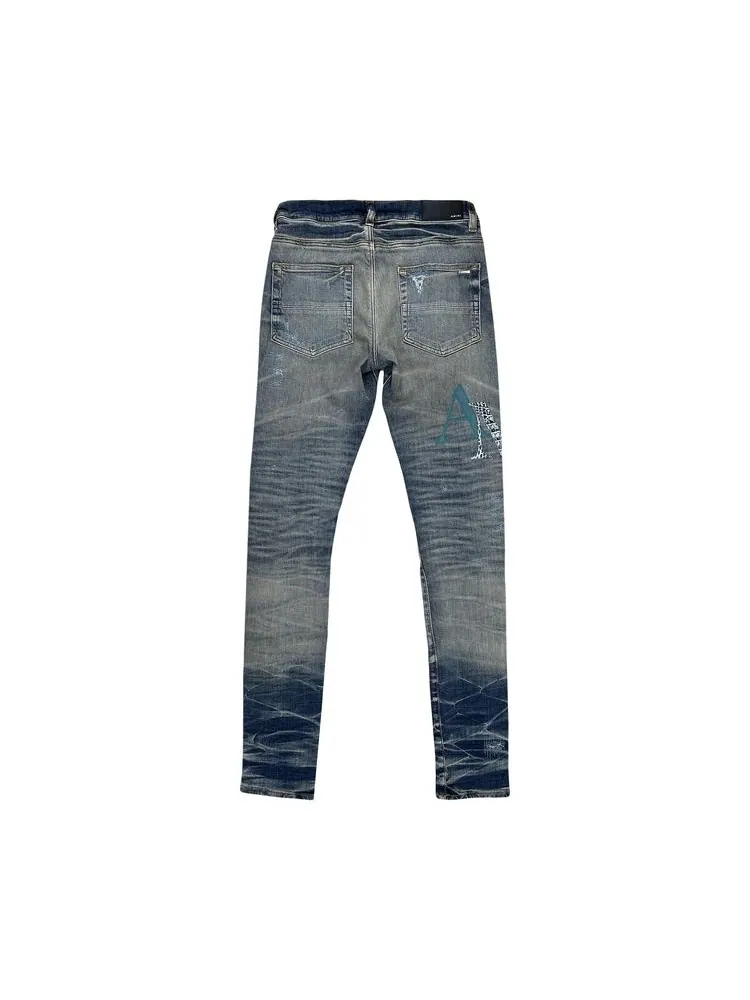 Джинсы Amiri Leather Staggered Logo Jeans 'Vintage Indigo' — изображение 2 из 2, винтажный индиго