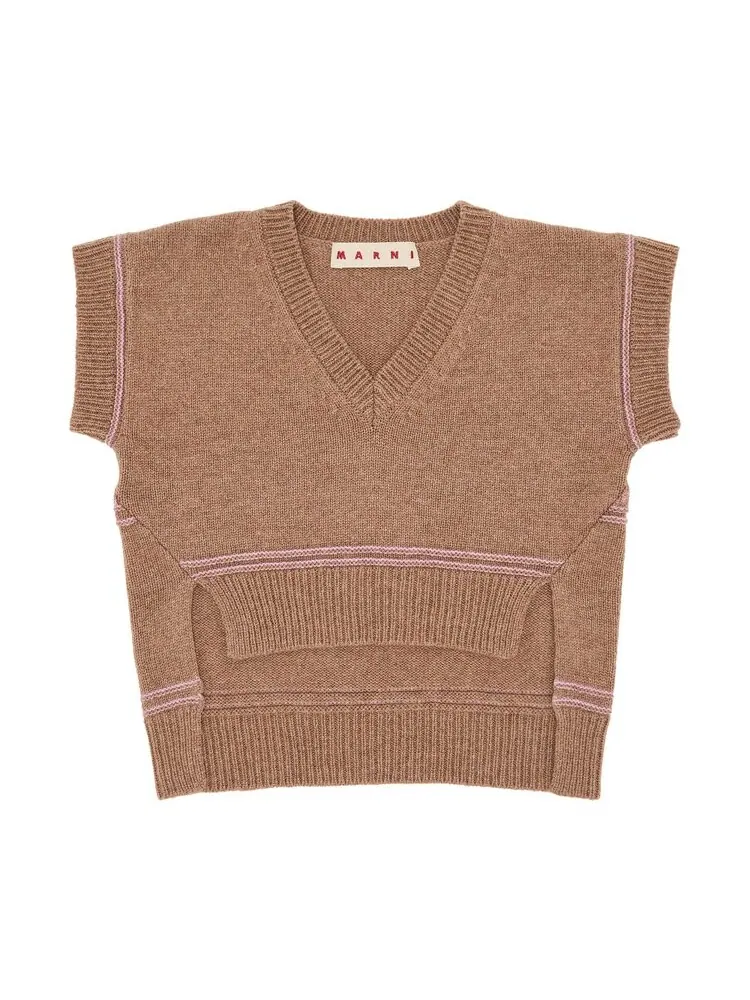 Свитер Marni Logo Virgin Wool V Neck Sweater — изображение 1 из 3, бежевый