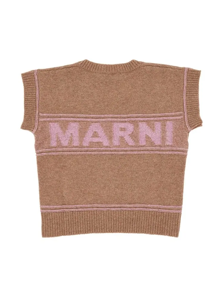 Свитер Marni Logo Virgin Wool V Neck Sweater — изображение 2 из 3, бежевый