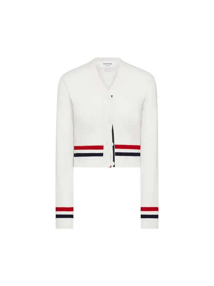Кардиган Thom Browne RWB Stripe Cashmere Shrunken V Neck Cardigan 'White' — белый