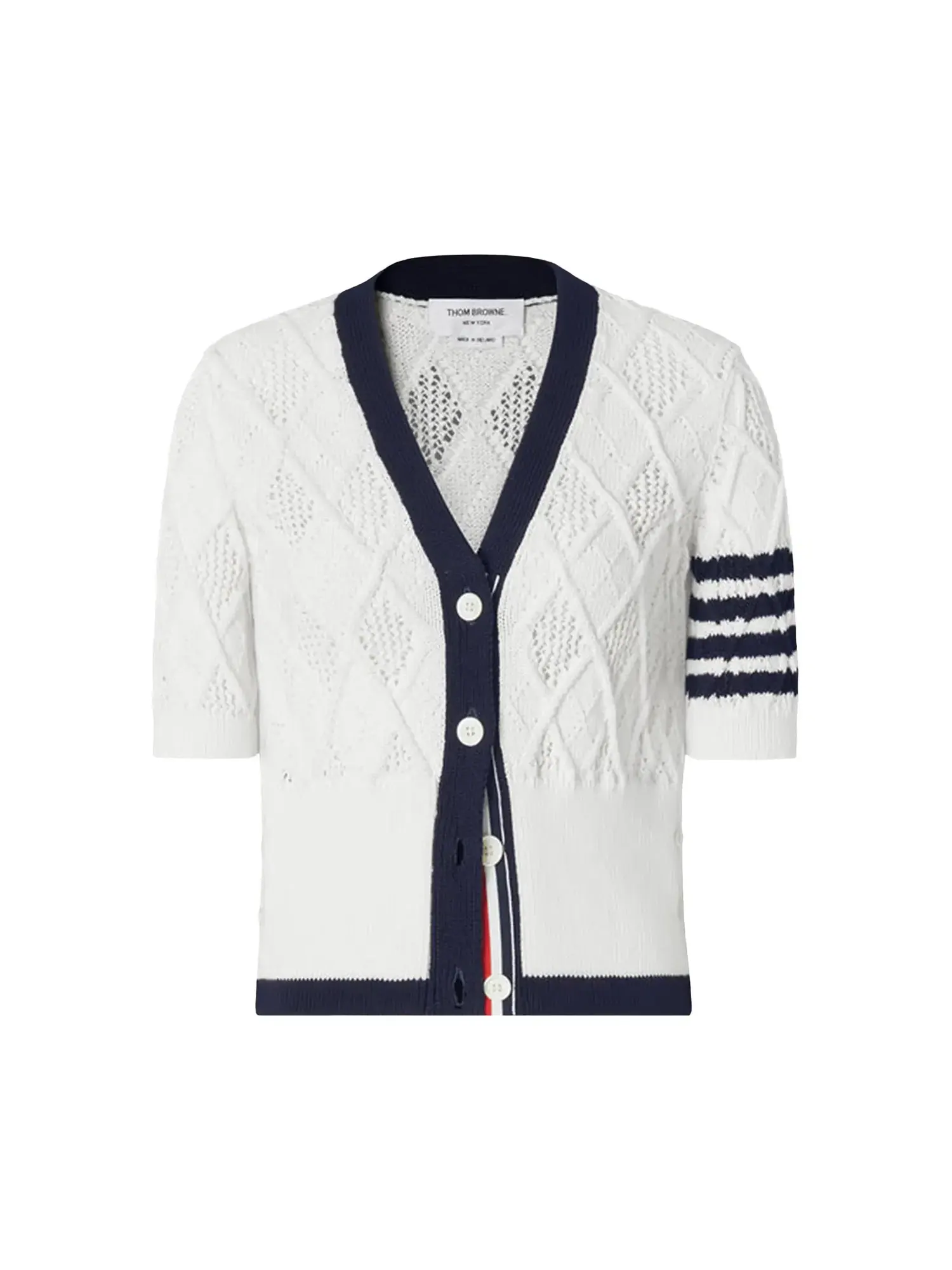 Кардиган Thom Browne Argyle Pointelle Cable Classic Fit с короткими рукавами и V-образным вырезом — белый