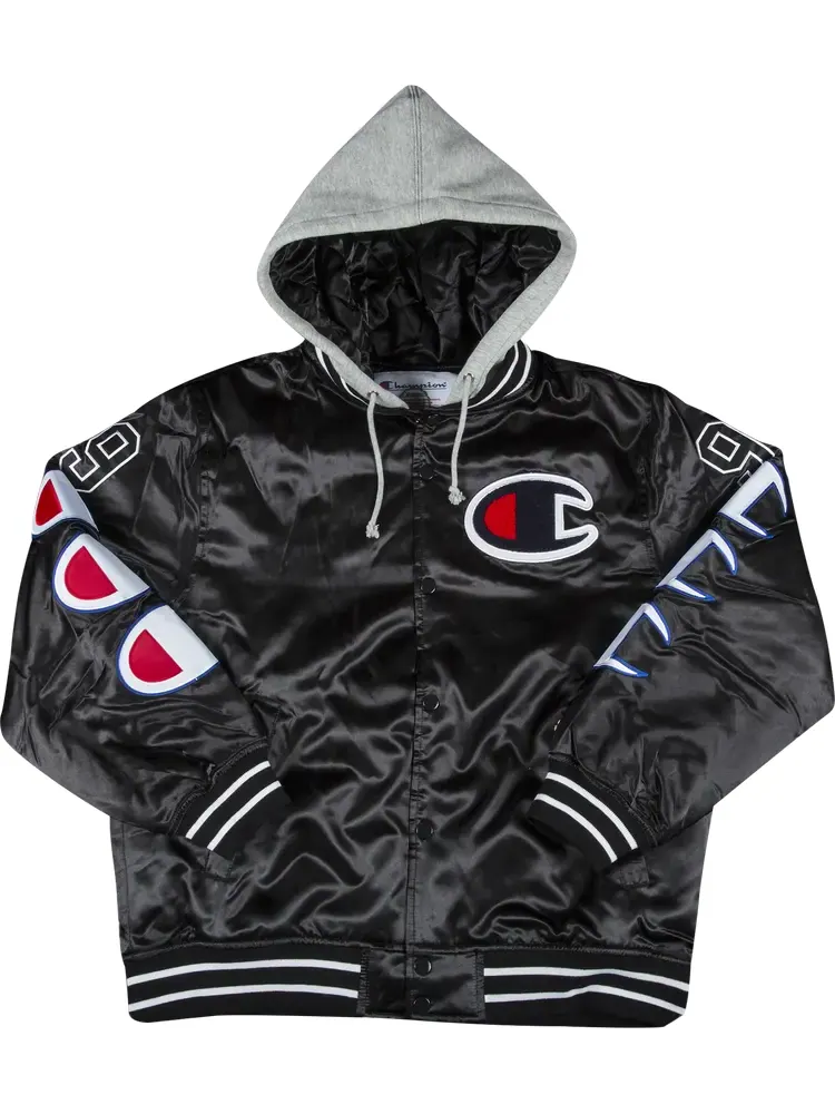 Куртка Supreme x Champion Hooded Satin Varsity Jacket 'Black' — изображение 1 из 1, черный