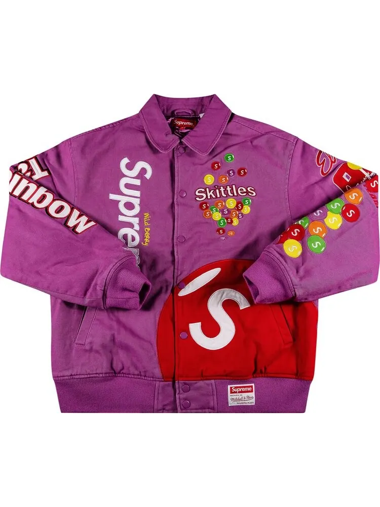 Куртка Supreme x Skittles x Mitchell & Ness Varsity Jacket 'Purple' — изображение 1 из 3, фиолетовый