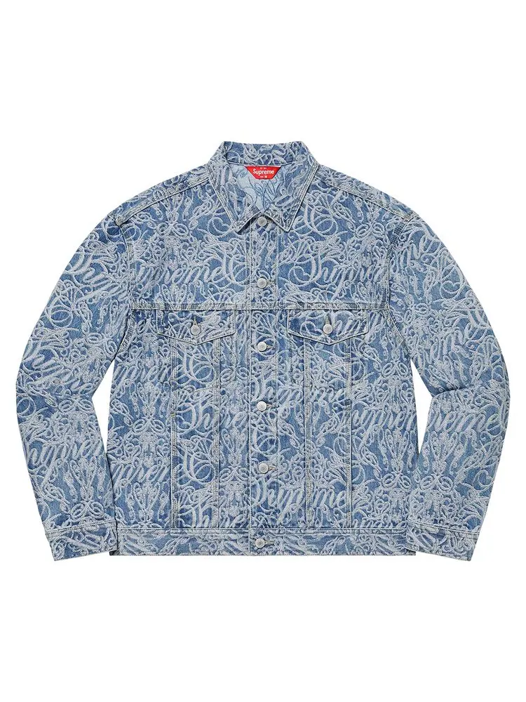 Куртка Supreme Script Jacquard Denim Trucker Jacket 'Washed Blue' — изображение 1 из 2, синий