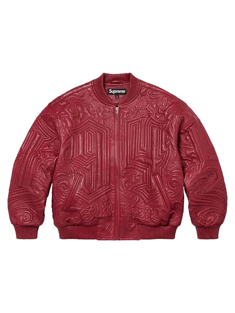 Куртка Supreme Mister Cartoon Embroidered Leather Jacket — изображение 1 из 2, бордовый