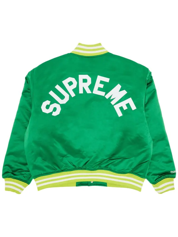 Куртка Supreme x Mitchell & Ness Satin Varsity Jacket 'Green' — изображение 1 из 3, зеленый