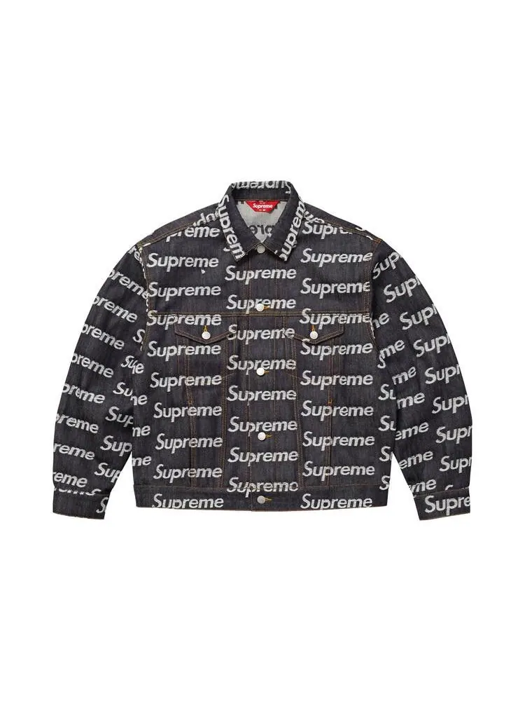 Джинсовая куртка Supreme Jacquard Logos Denim Trucker Jacket 'Rigid Indigo' — изображение 1 из 2, синий