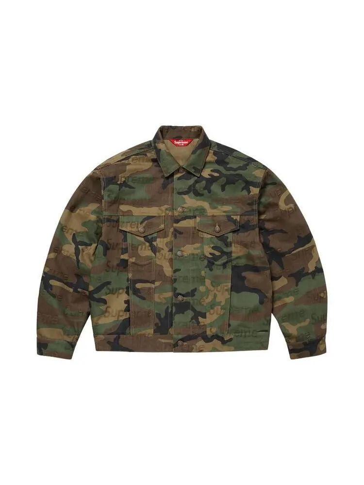 Джинсовая куртка Supreme Jacquard Logos Denim Trucker Jacket 'Woodland Camo' — изображение 1 из 2, зеленый