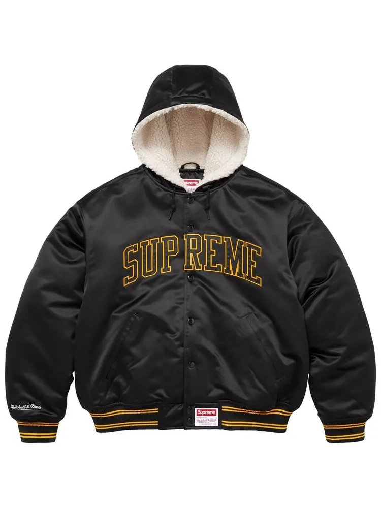 Куртка-бомбер Supreme x Mitchell & Ness из атласа с подкладкой и капюшоном — изображение 1 из 2, черный