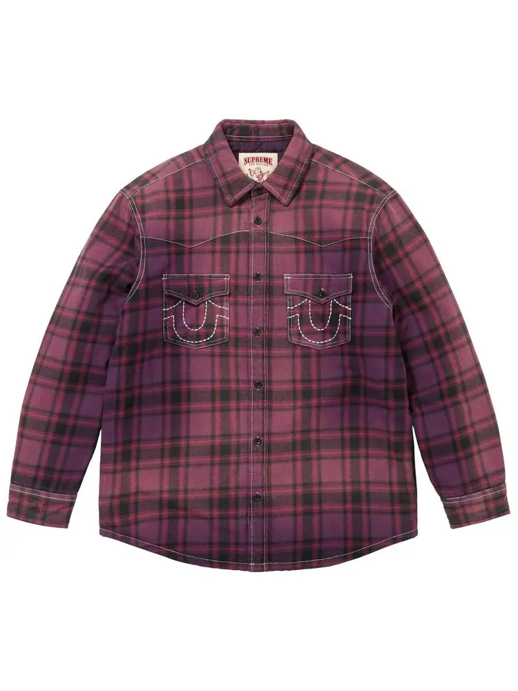 Стеганая клетчатая фланелевая рубашка Supreme x True Religion на подкладке, фиолетового цвета