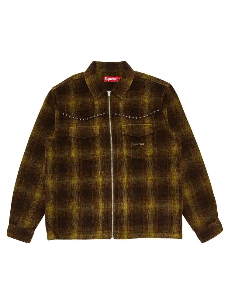 Рубашка Supreme Studded Shadow Plaid Zip Up Shirt — изображение 1 из 3, оливковый