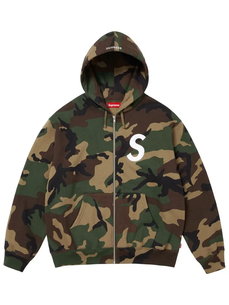 Толстовка Supreme с капюшоном на молнии и логотипом S, расцветка «Лесной камуфляж» — изображение 1 из 1, зеленый