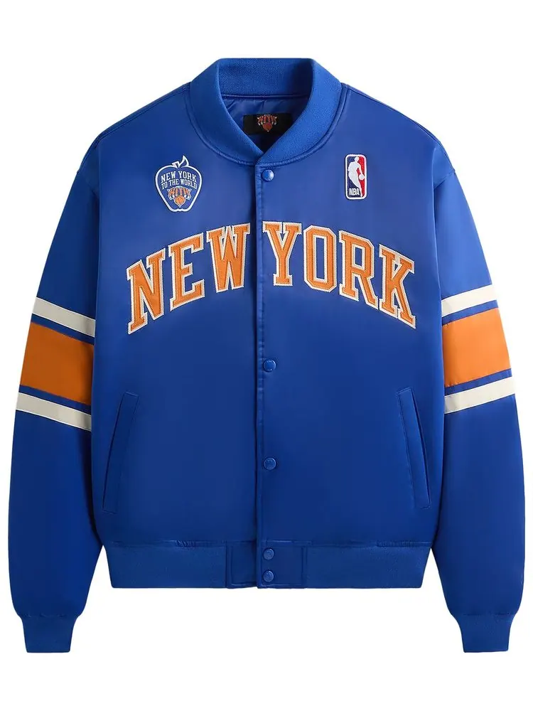Классическая атласная куртка-бомбер Kith For The New York Knicks Патрика Юинга, модель — изображение 1 из 2, синий