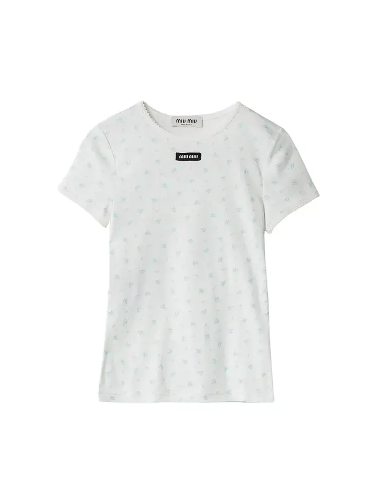 Футболка с принтом Miu Miu Costina «Bianco/Azzurro» — изображение 1 из 1, белый