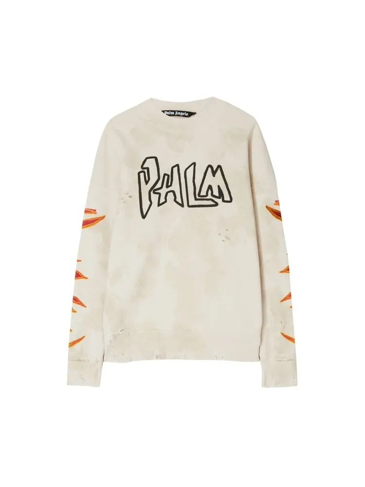 Толстовка Palm Angels GD Palm Graffiti Flames Crew 'Off White' — изображение 1 из 1, белый