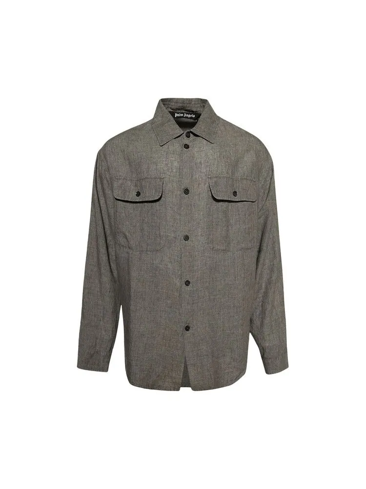 Рубашка Palm Angels Curved Logo Linen Overshirt — изображение 1 из 1, серый