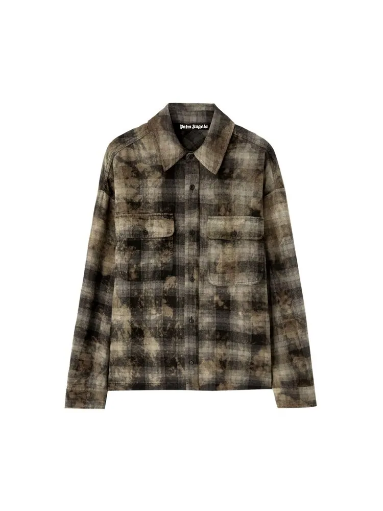 Рубашка Palm Angels Curved Logo Check Long-Sleeve Shirt — изображение 1 из 1, темный серый/белый