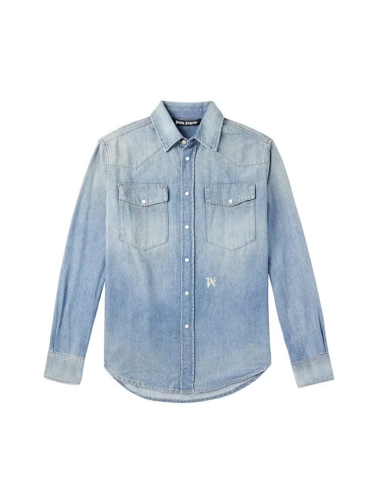 Рубашка Palm Angels Monogram Denim Shirt — изображение 1 из 1, светлый синий