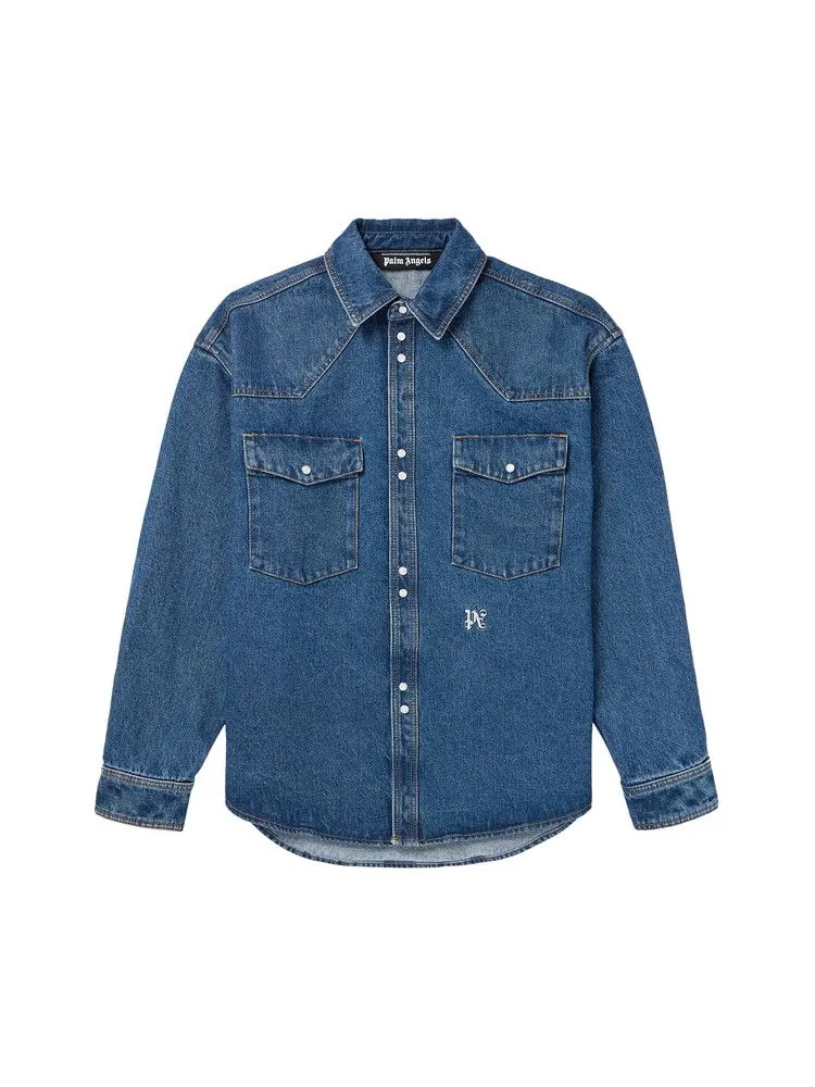 Рубашка Palm Angels Monogram Denim Shirt — изображение 1 из 1, светлый синий/белый