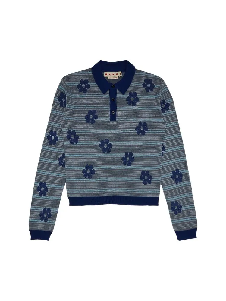Поло Marni Striped Flowers Long-Sleeve Polo Neck — изображение 1 из 3, синий